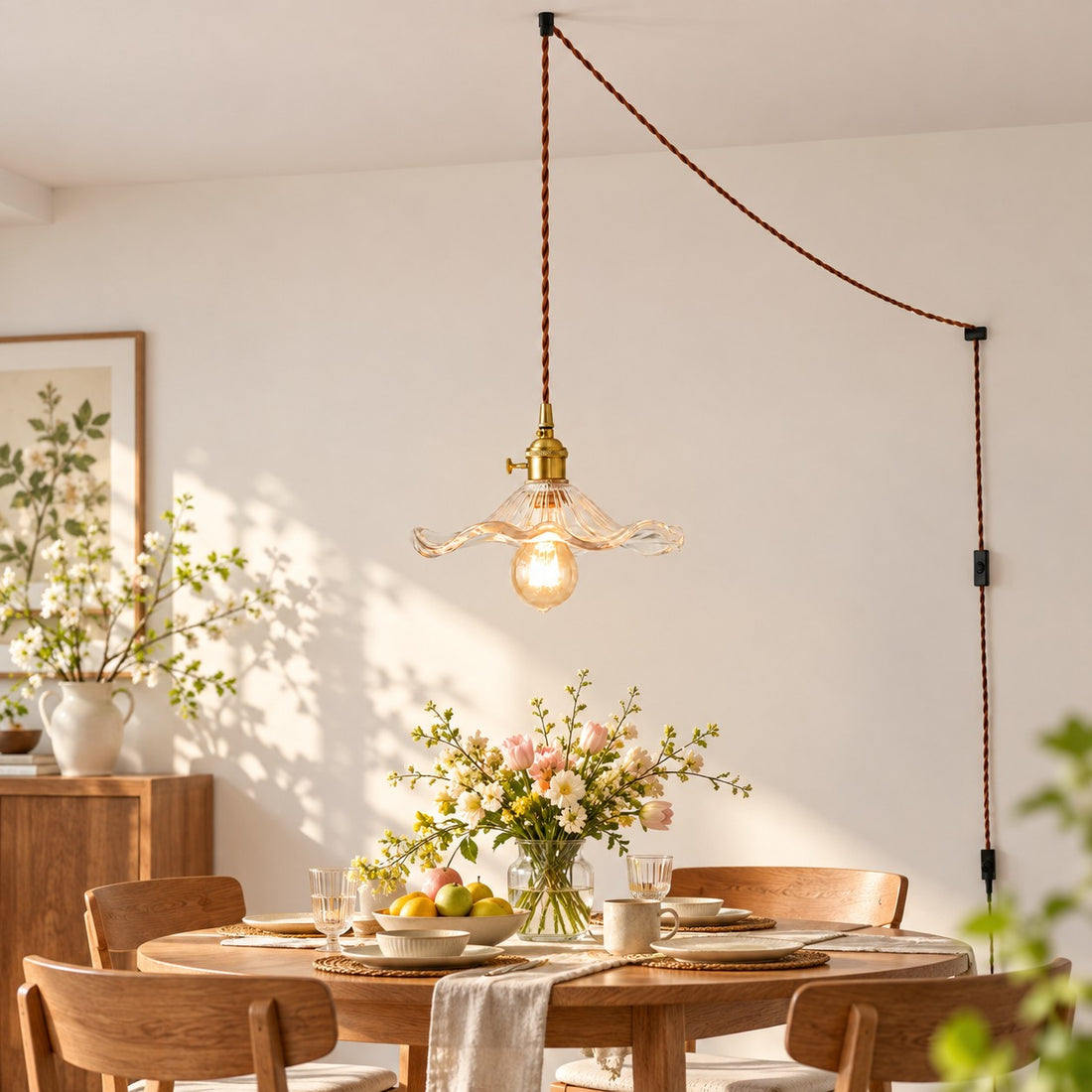 Geriffelte florale Glas-Hängeleuchte mit Kabel