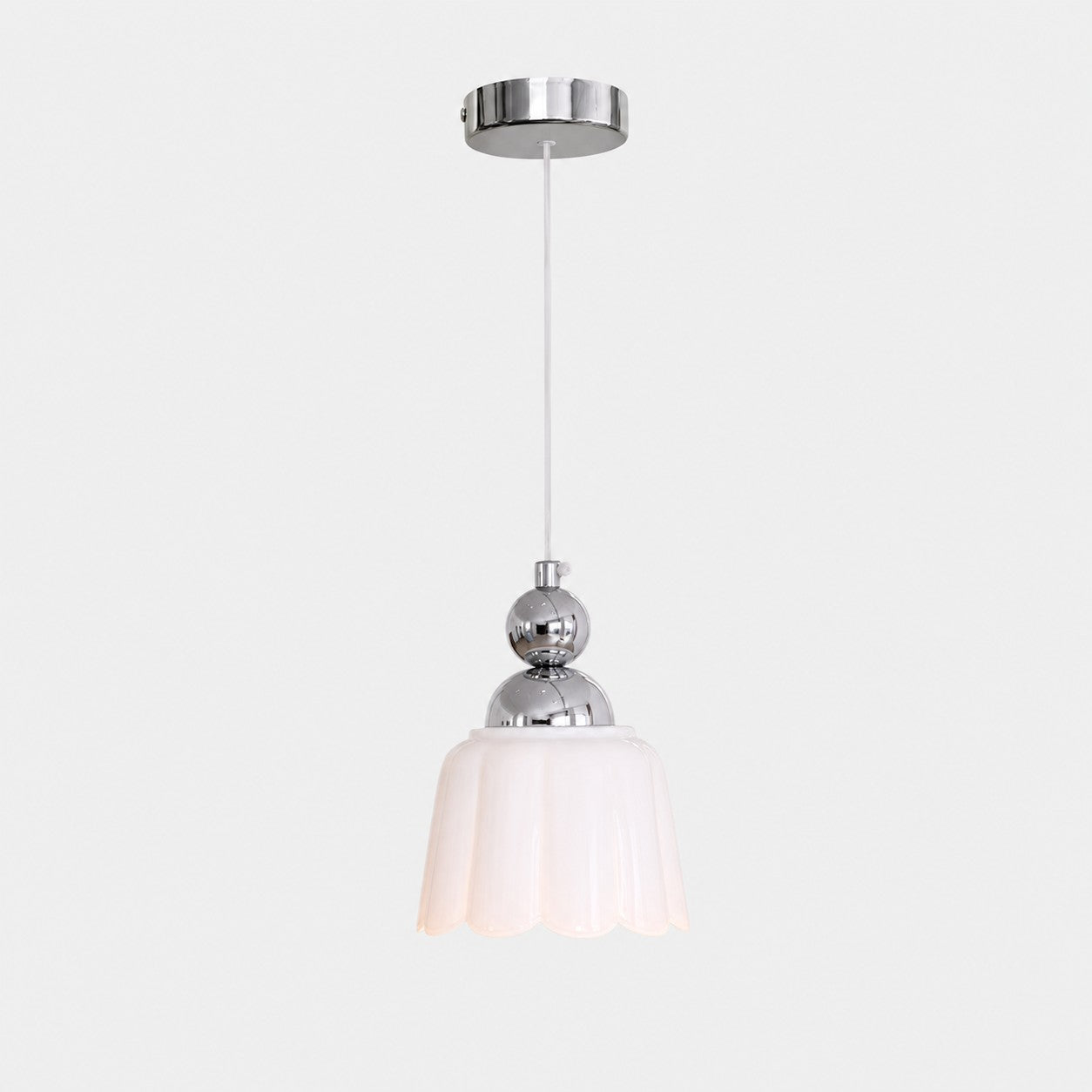 White scalloped ceramic pendant lamp with polished metal canopy