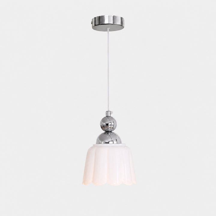 White scalloped ceramic pendant lamp with polished metal canopy