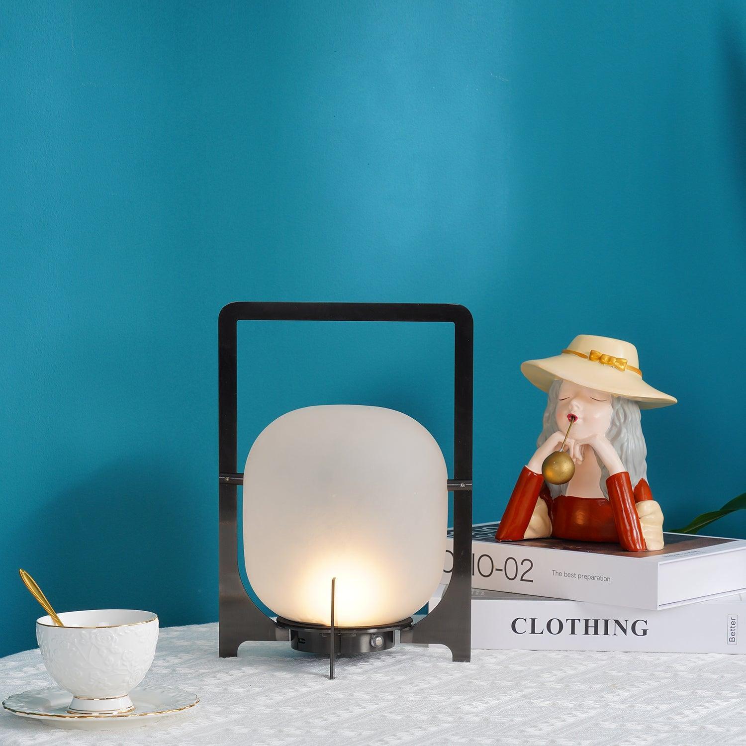 Black Lantern Table Lamp - Outdoor LED Light with Blown Glass Shade