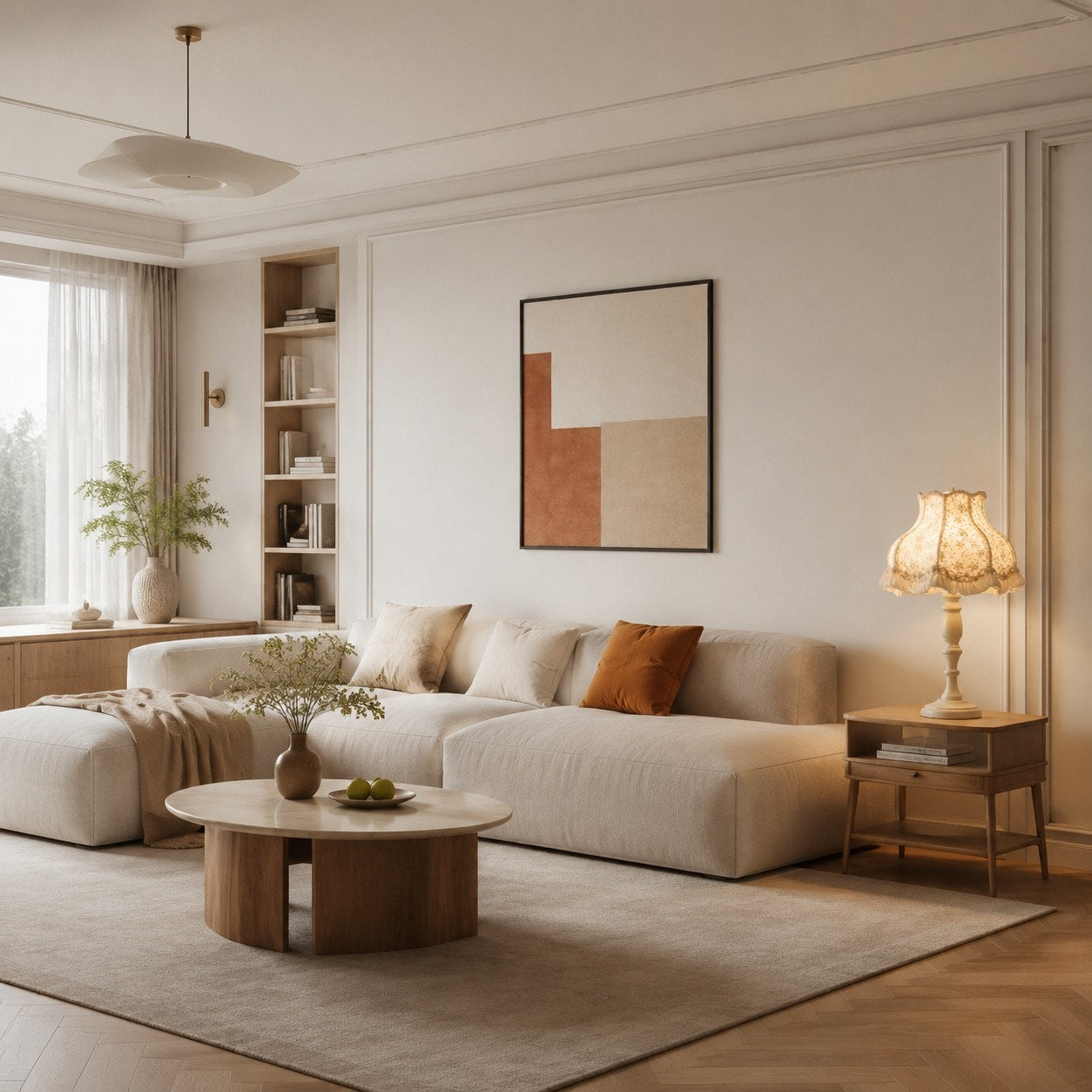 Cream fabric table lamp beside a sofa