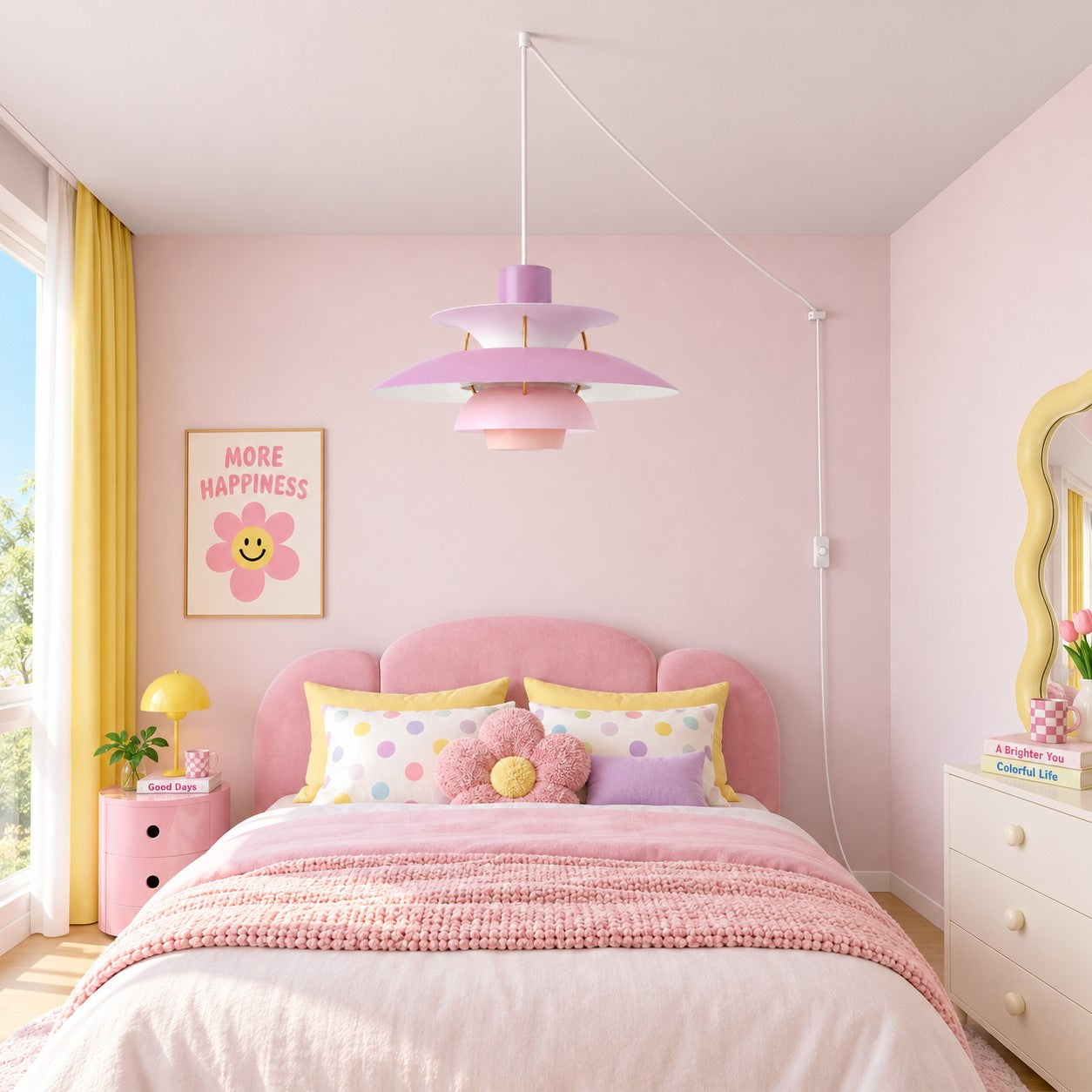 Moderne mehrlagige bunte Pendelleuchte mit Stecker und Zugkabel - Hängelampe aus Metall