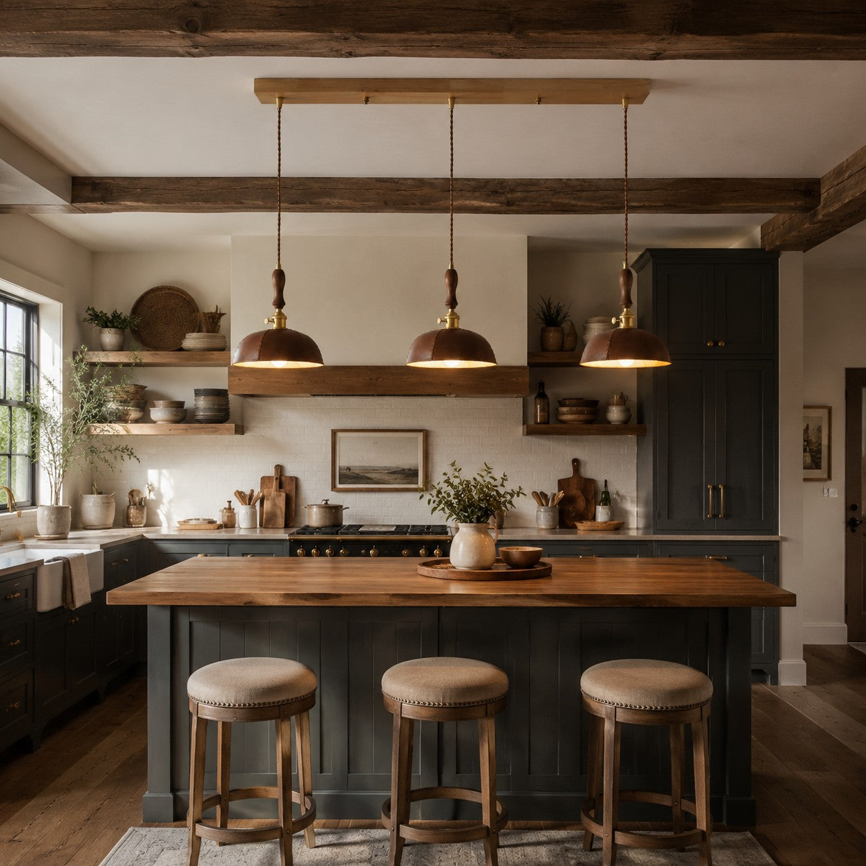 Vintage brown three-light pendant in a kitchen