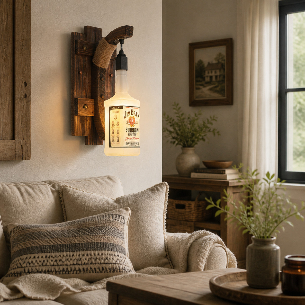 Rustic Wood and Rope Bottle Wall Sconce