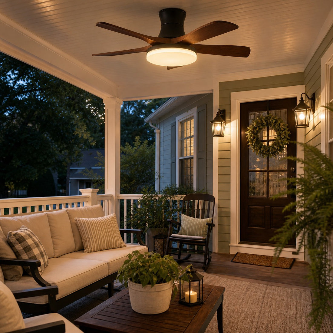 Black walnut ceiling fan light on a covered porch