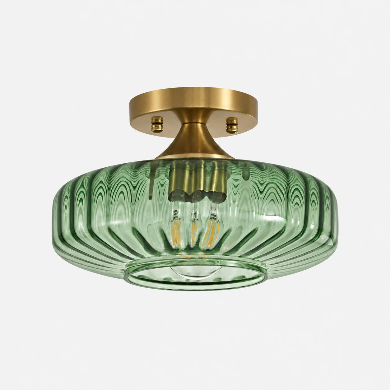 Green small ribbed glass semi-flush ceiling light with brushed brass canopy