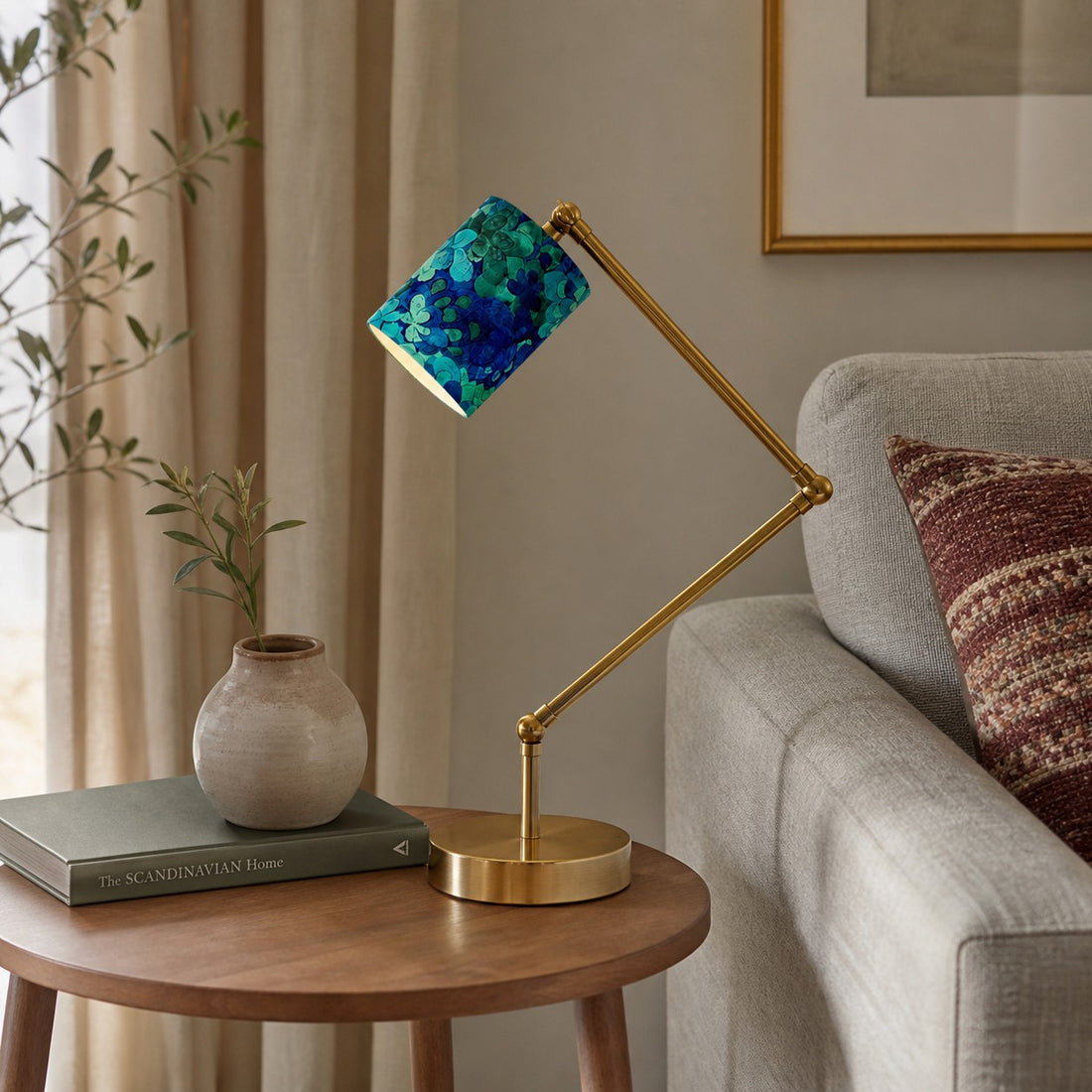 Emerald Cove lamp beside sofa