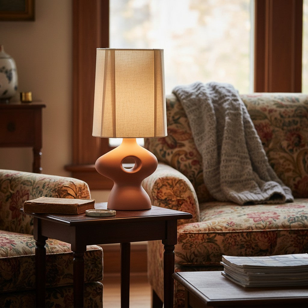 Pryssa Ceramic Table Lamp with Ivory Linen Shade -  Artistic Lighting for Living Room or Bedroom