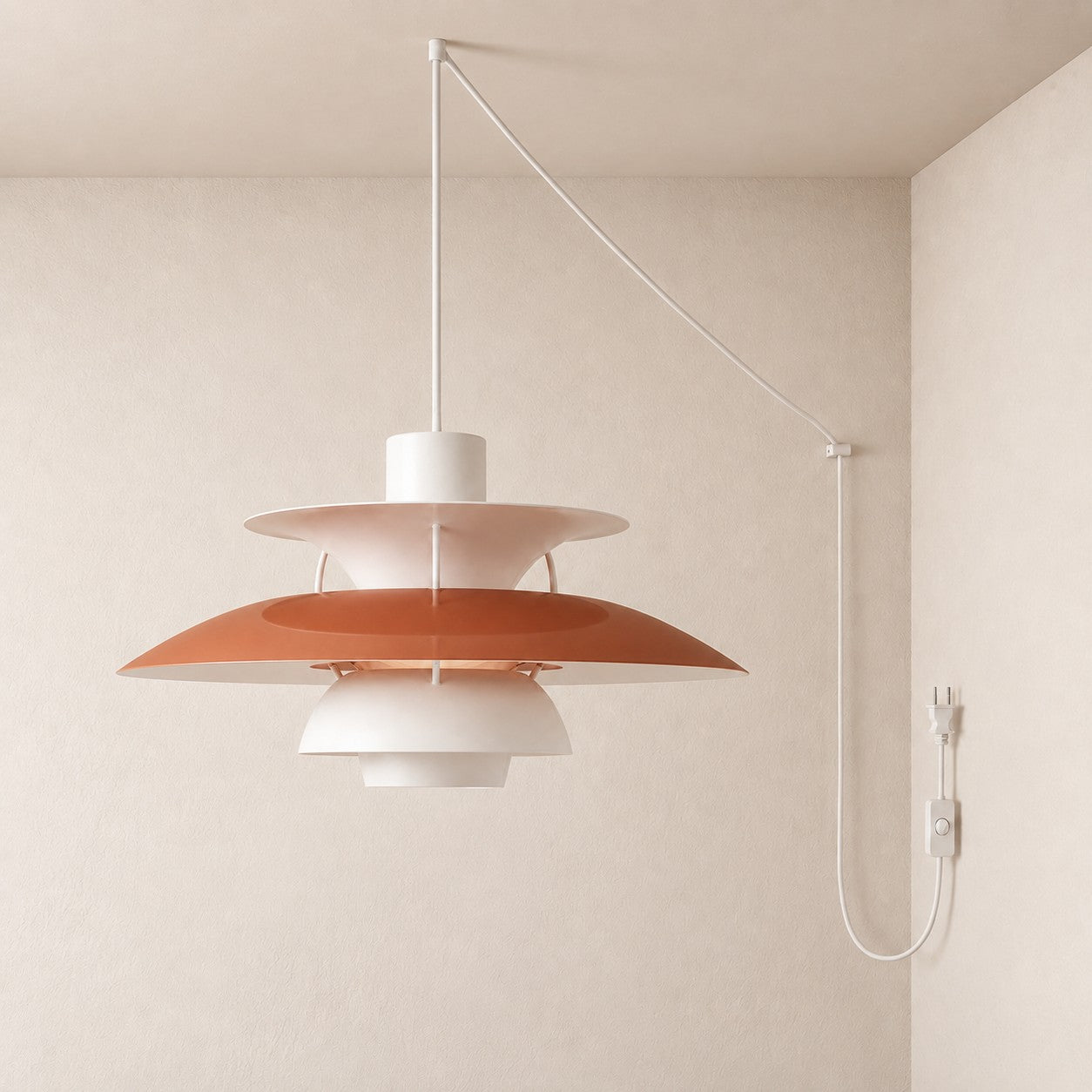 Moderne mehrlagige bunte Pendelleuchte mit Stecker und Zugkabel - Hängelampe aus Metall