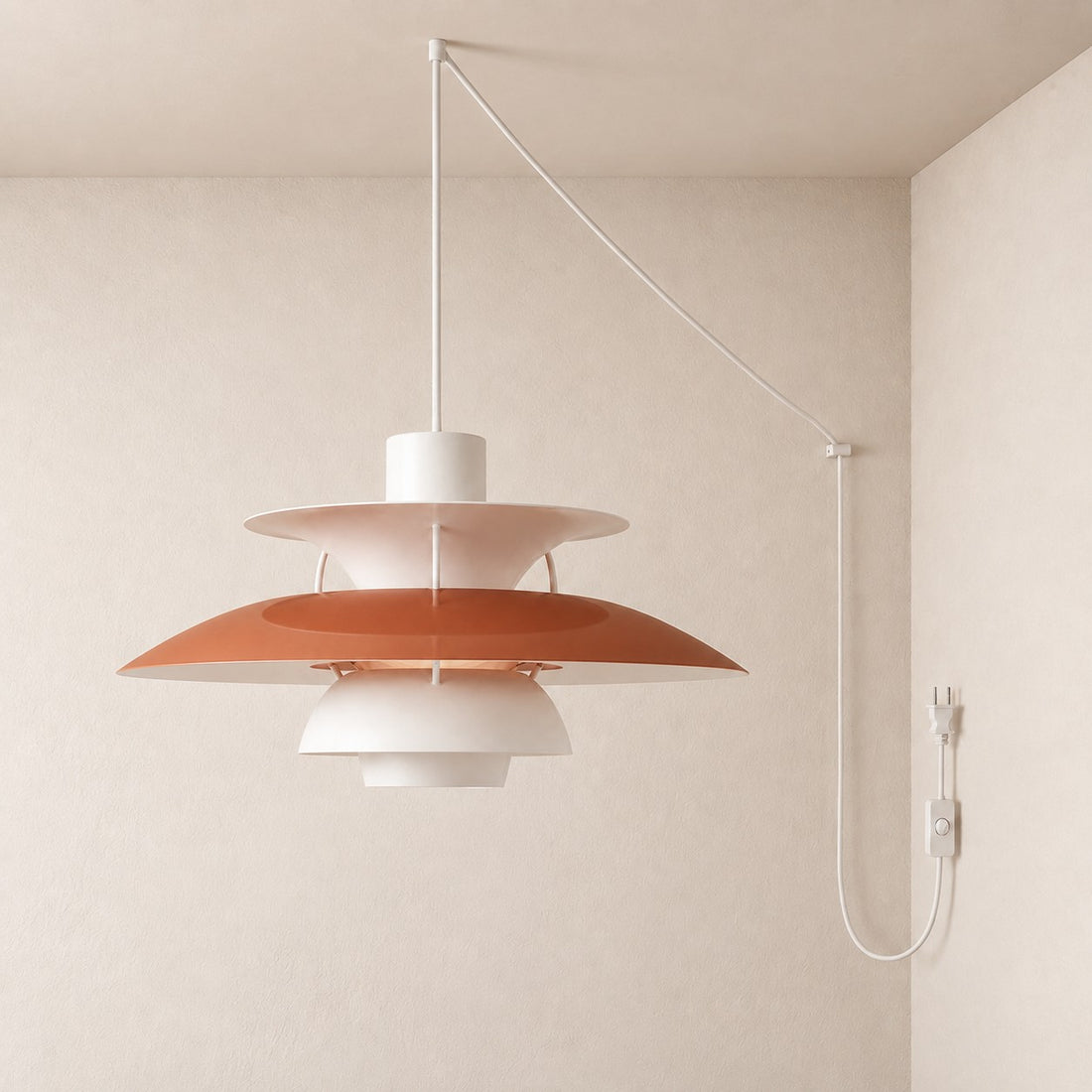 Moderne mehrlagige bunte Pendelleuchte mit Stecker und Zugkabel - Hängelampe aus Metall