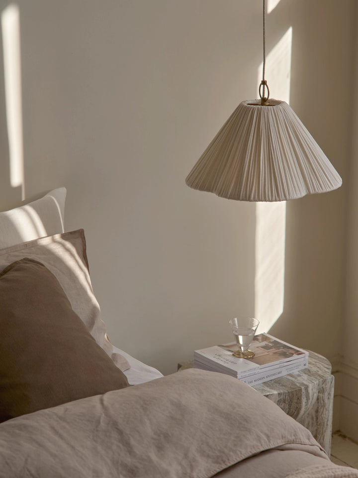 Lindi - small aged brass and linen scalloped pendant