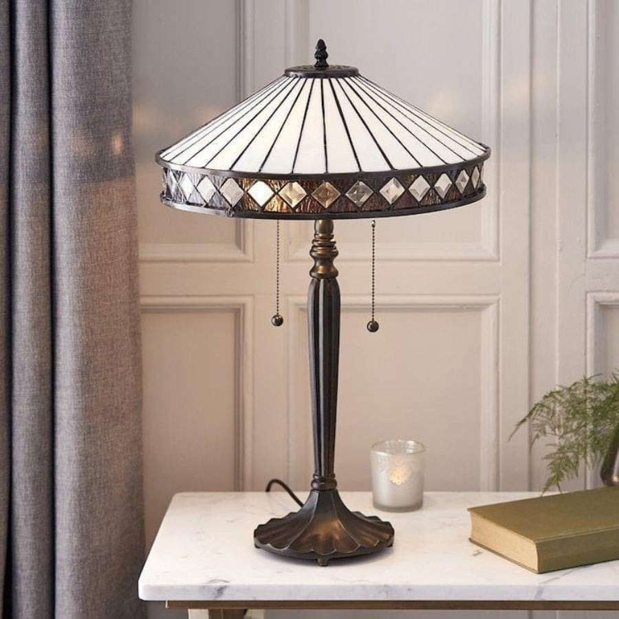 TF Fargo Geometric Tiffany Style Lamp — Amber and Cream Glass Accent Lighting for Bedroom or Study