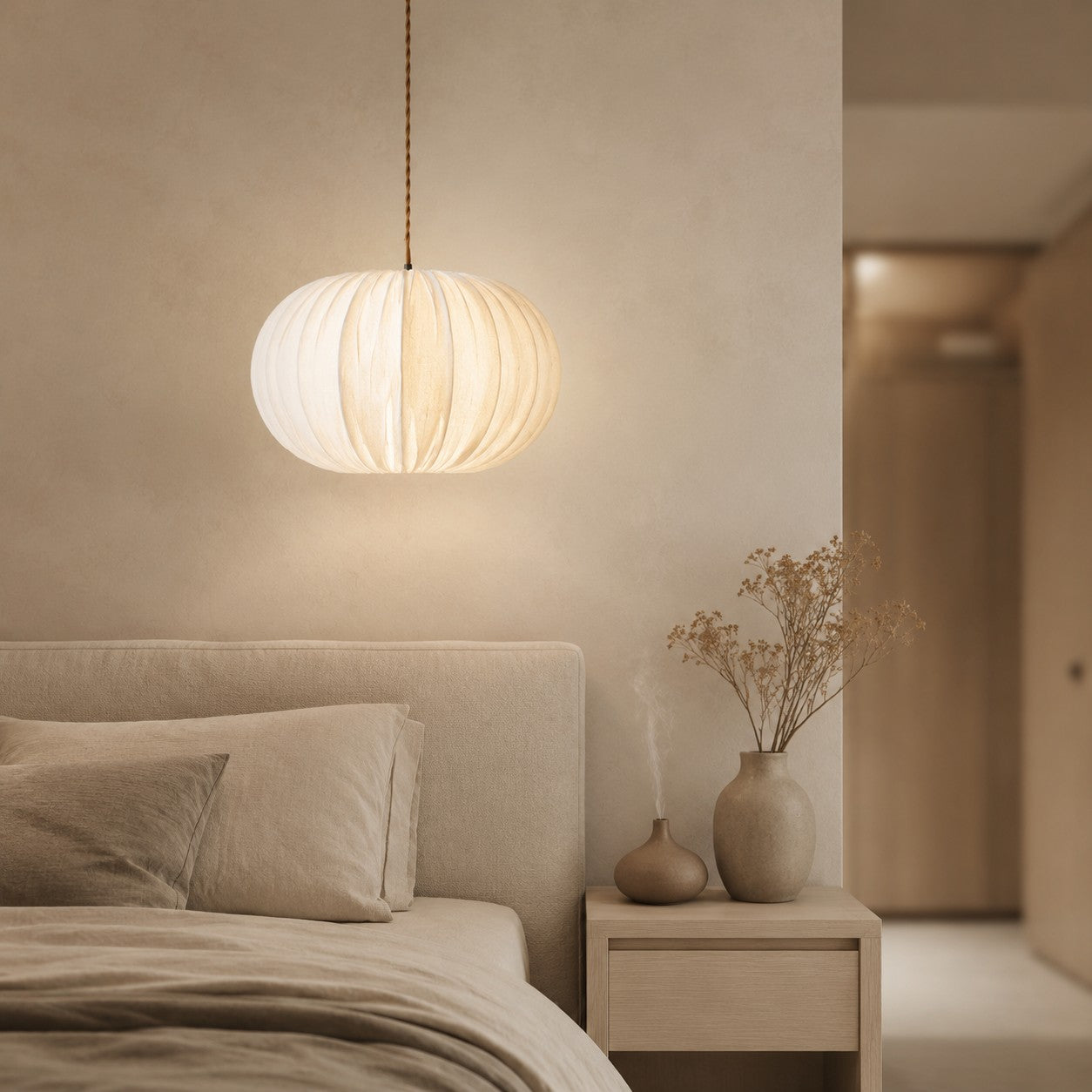 Fabric Globe Pendant Light with Wood Canopy