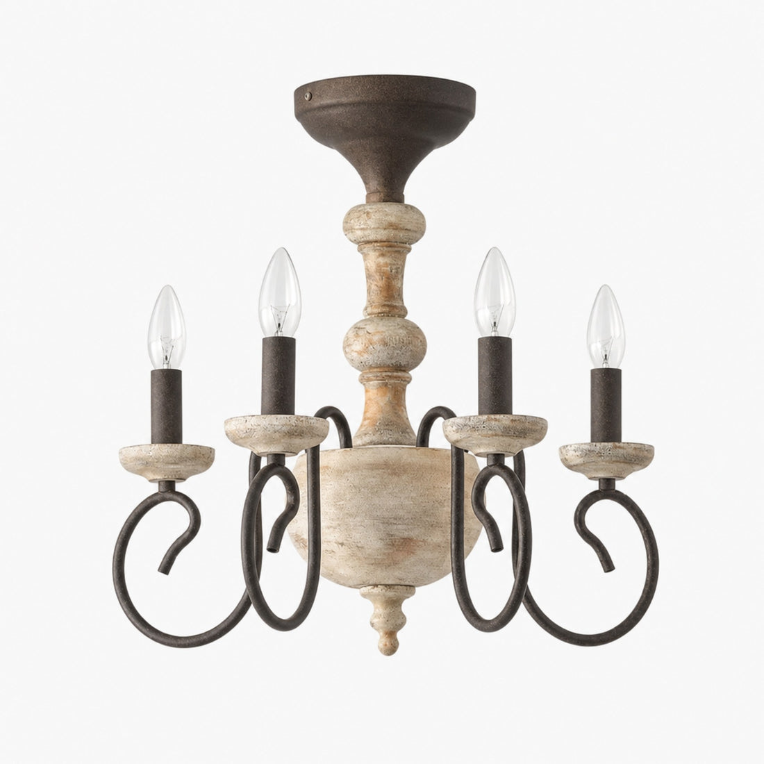front view of rustic four light semi flush chandelier