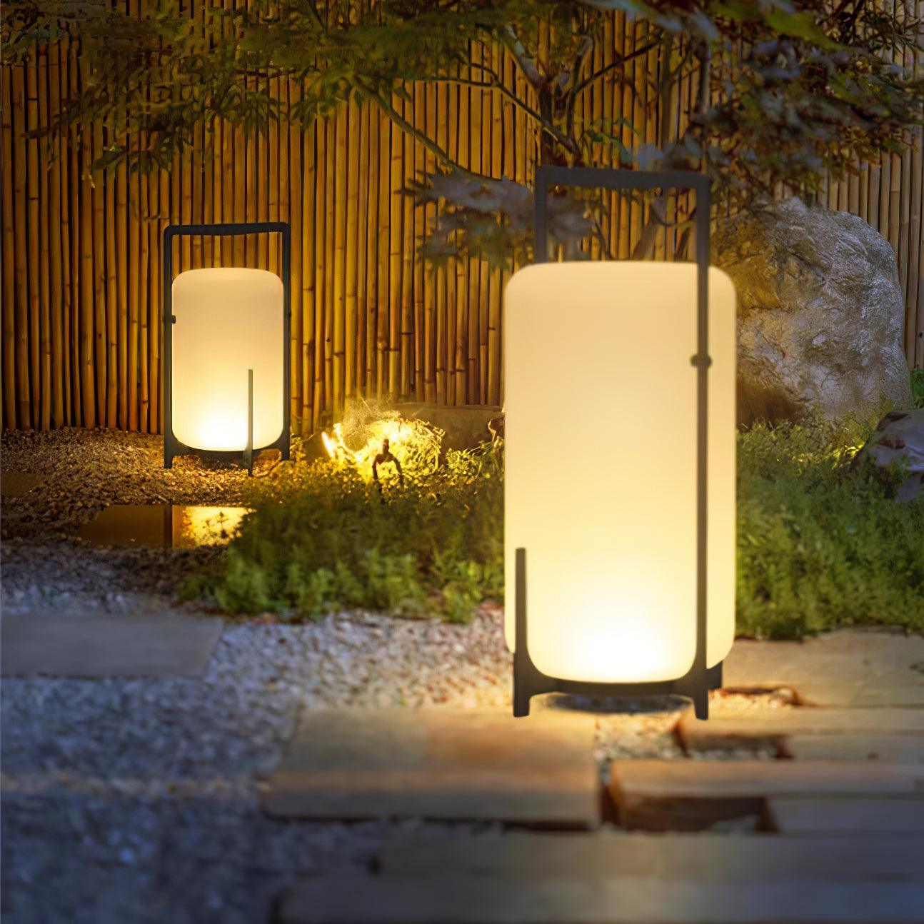 Black Lantern Table Lamp - Outdoor LED Light with Blown Glass Shade