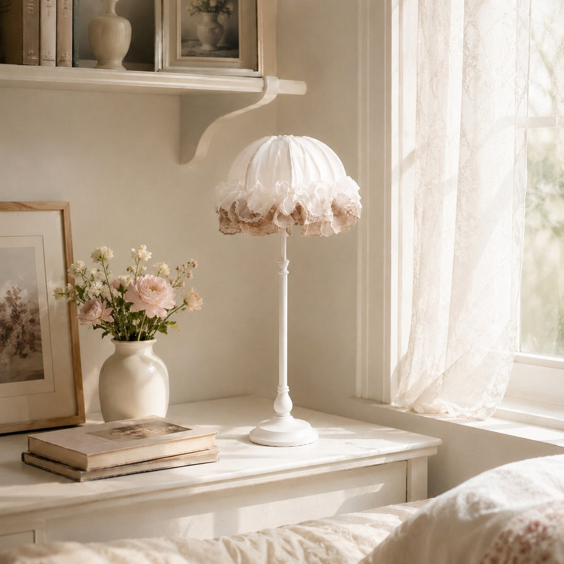 Ruffled table lamp beside flowers and a sunlit lace-curtain window