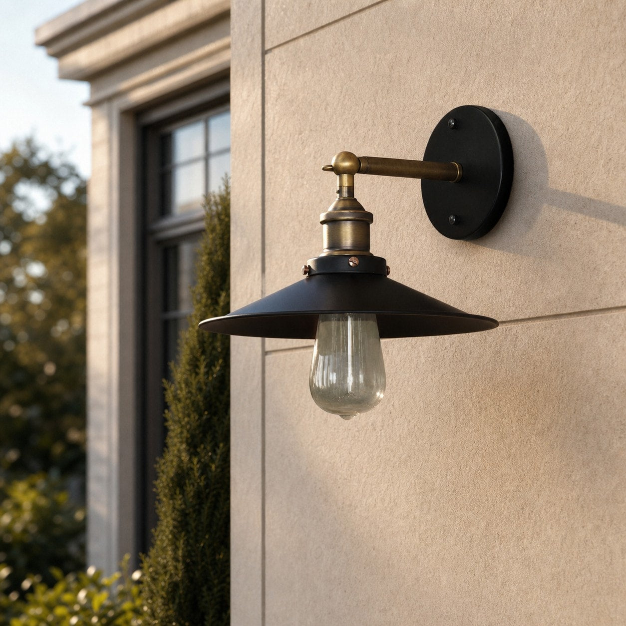 Outdoor wall lamp installed on exterior wall in daylight
