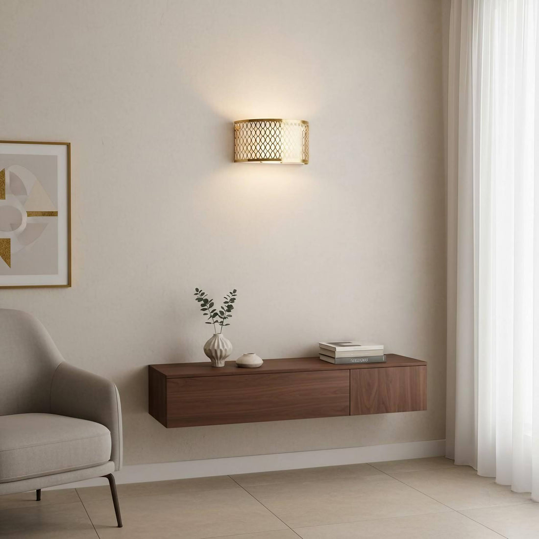 Liorin Wandleuchte mit Gittermuster – Moderne, geschwungene Wandleuchte aus Metall und Stoffschirm für Flur oder Schlafzimmer