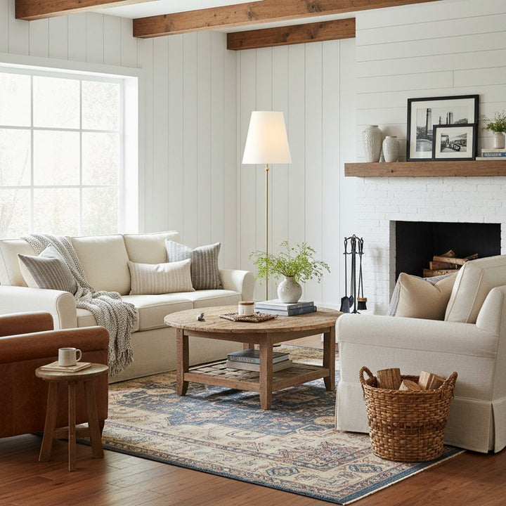 Serena Vintage Brass Floor Lamp - Iron Frame with Linen Drum Shade for Living Rooms and Reading Corners