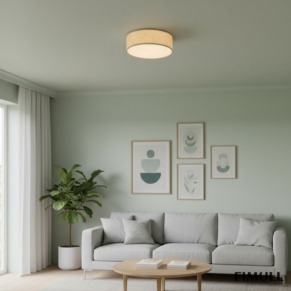 Dumora Linen Drum Ceiling Light - Flush Mount Iron Fixture with Fabric Shade