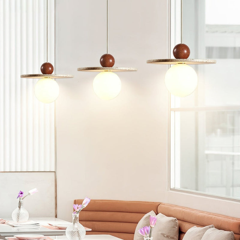 Travertine Disc Glass Globe Modern Cream Pendant Light
