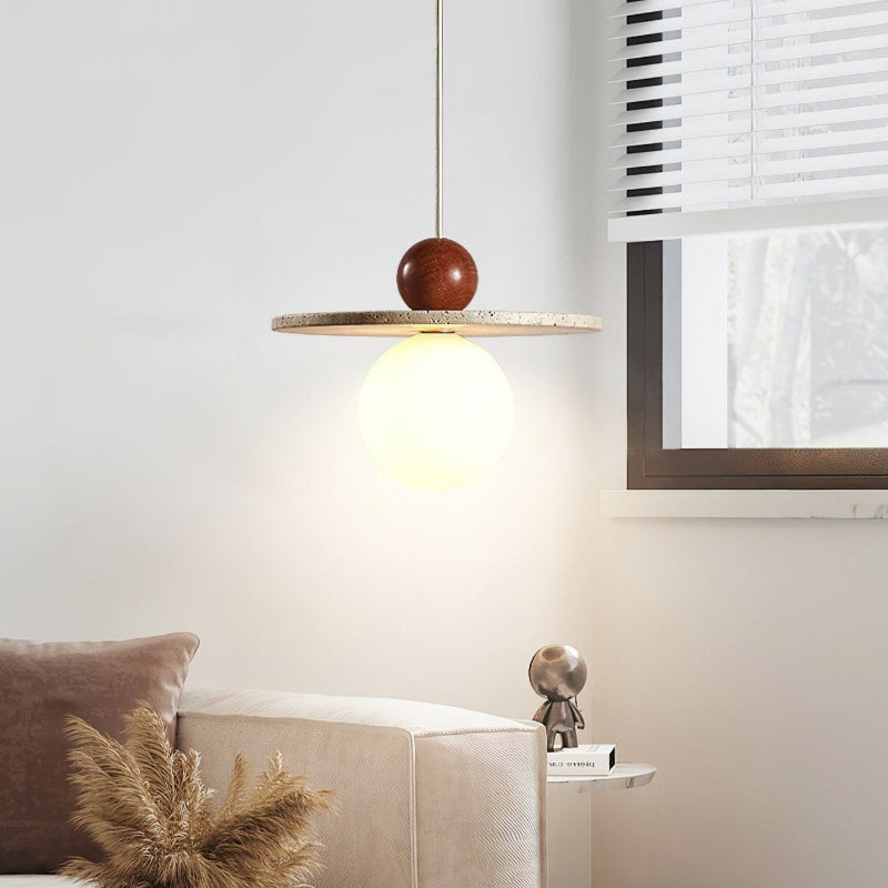 Travertine Disc Glass Globe Modern Cream Pendant Light