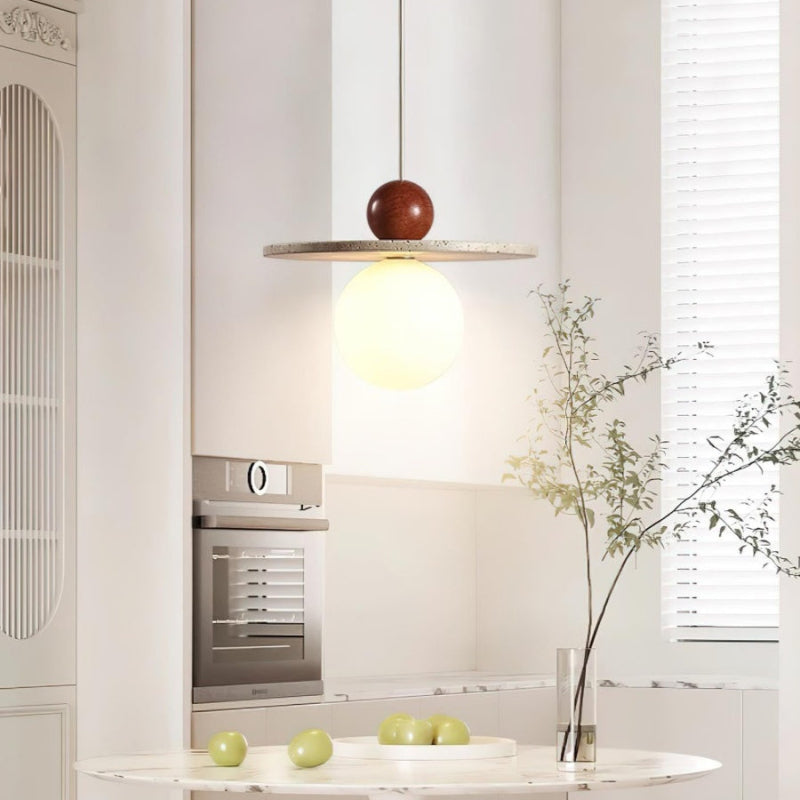 Travertine Disc Glass Globe Modern Cream Pendant Light