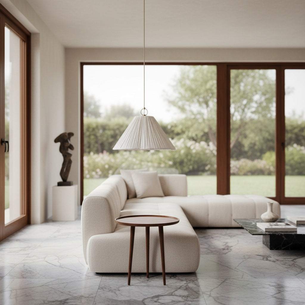 Lindi - small aged brass and linen scalloped pendant