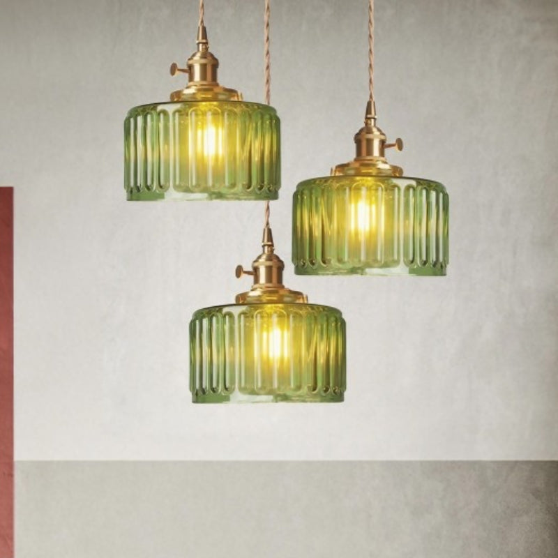 Japanese Vintage Simple Brass Glass Ribbed Cylinder Pendant Light