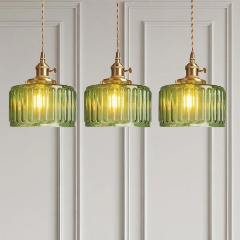 Japanese Vintage Simple Brass Glass Ribbed Cylinder Pendant Light