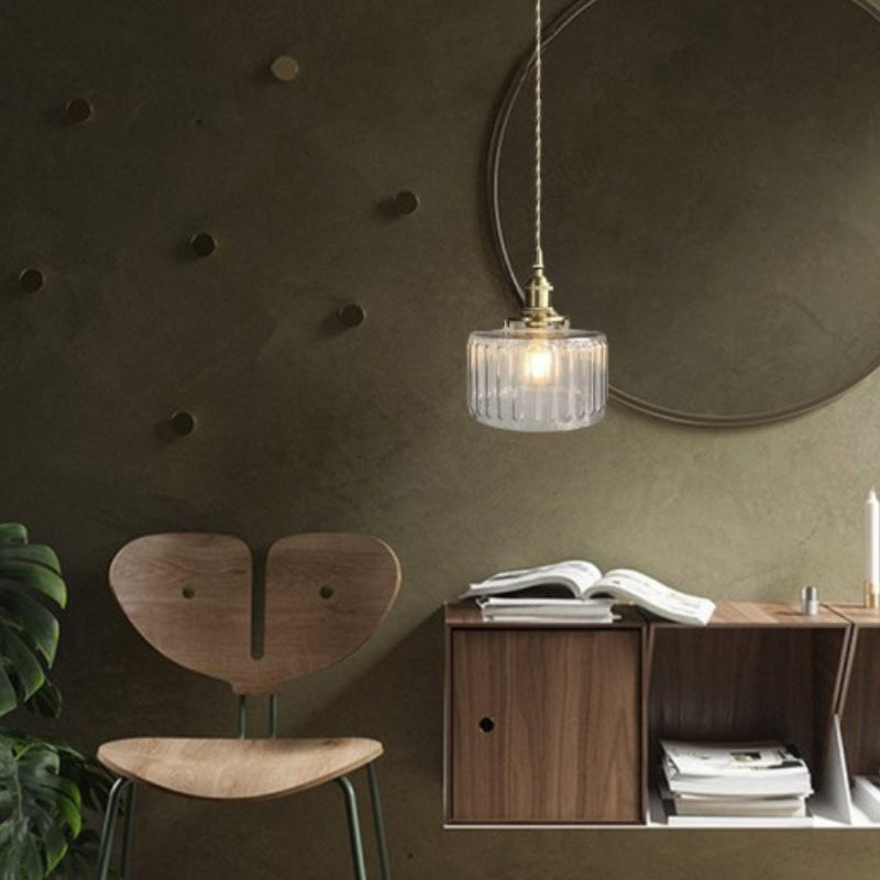 Japanese Vintage Simple Brass Glass Ribbed Cylinder Pendant Light