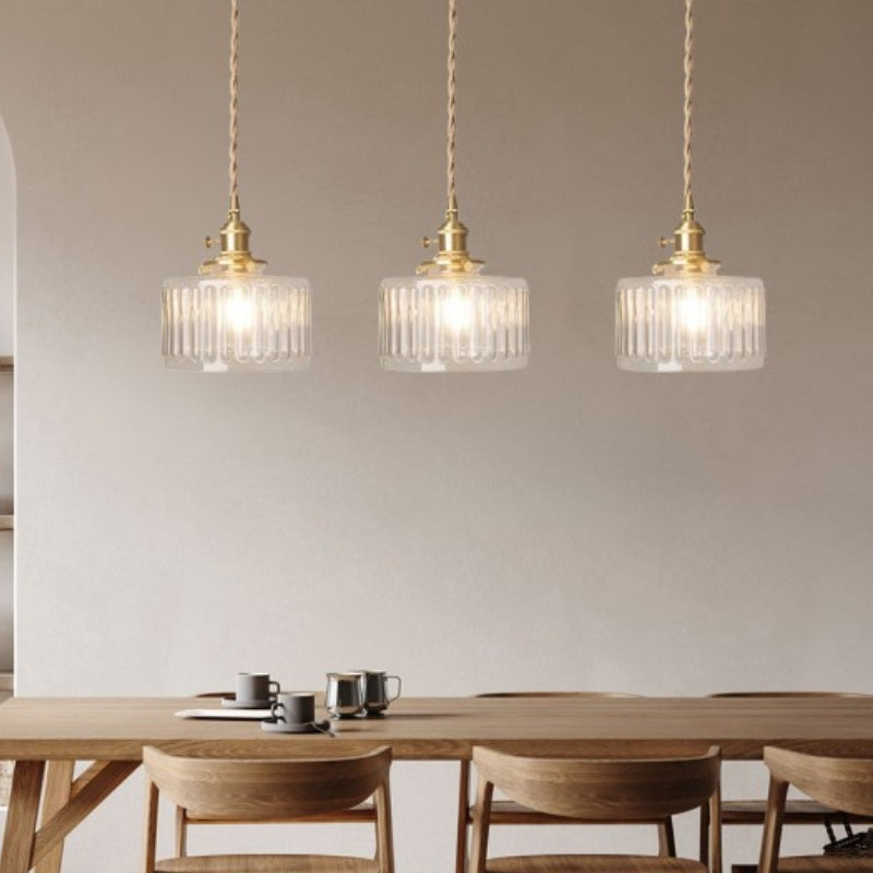 Japanese Vintage Simple Brass Glass Ribbed Cylinder Pendant Light