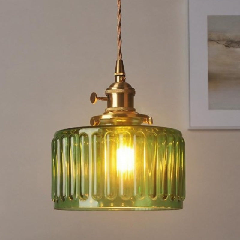 Japanese Vintage Simple Brass Glass Ribbed Cylinder Pendant Light