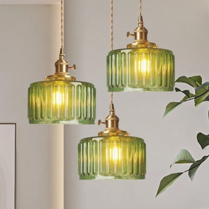 Japanese Vintage Simple Brass Glass Ribbed Cylinder Pendant Light