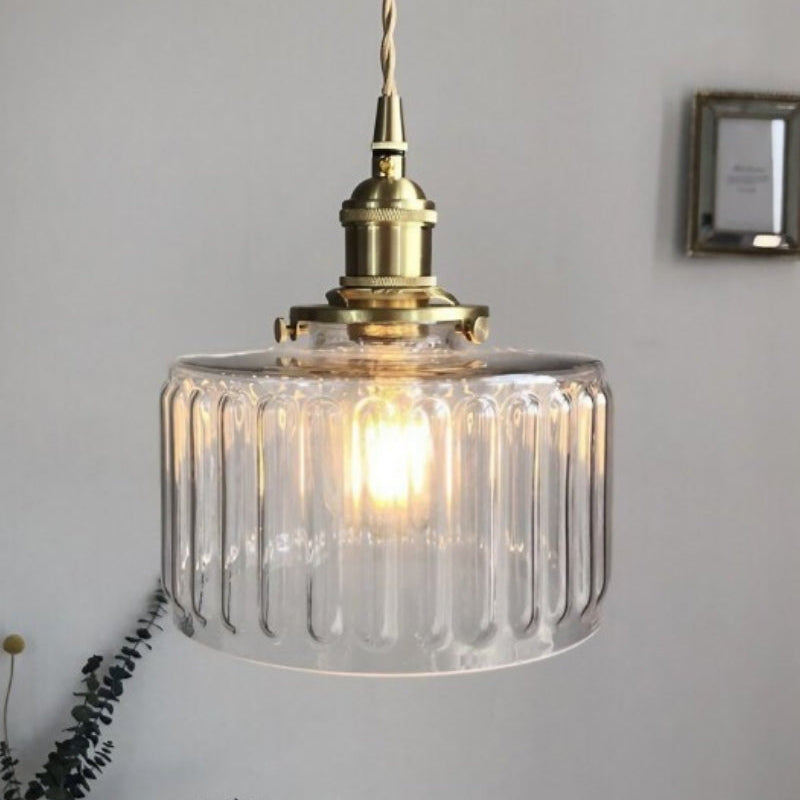 Japanese Vintage Simple Brass Glass Ribbed Cylinder Pendant Light