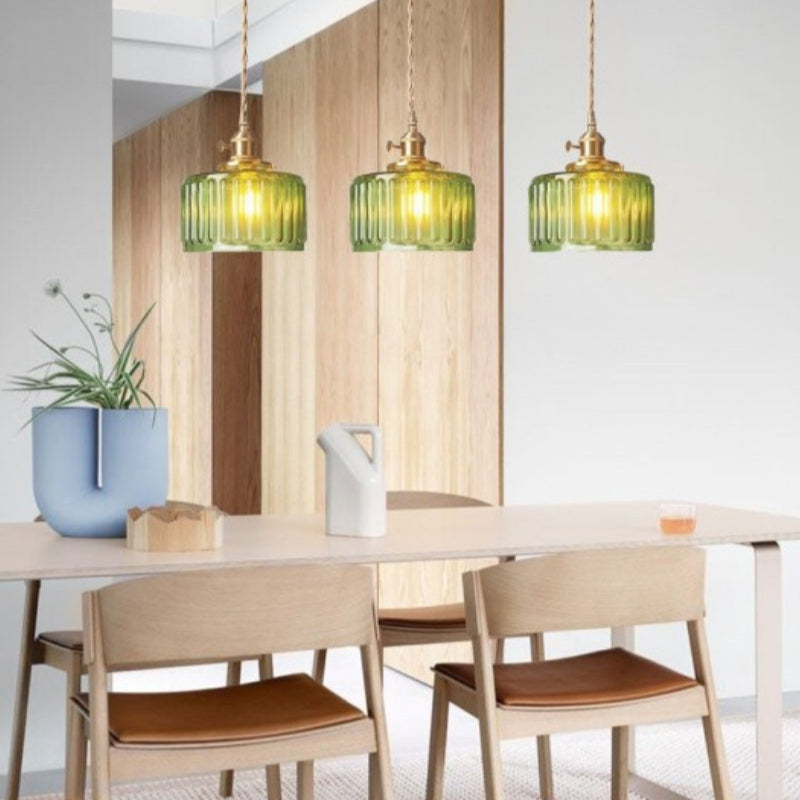 Japanese Vintage Simple Brass Glass Ribbed Cylinder Pendant Light