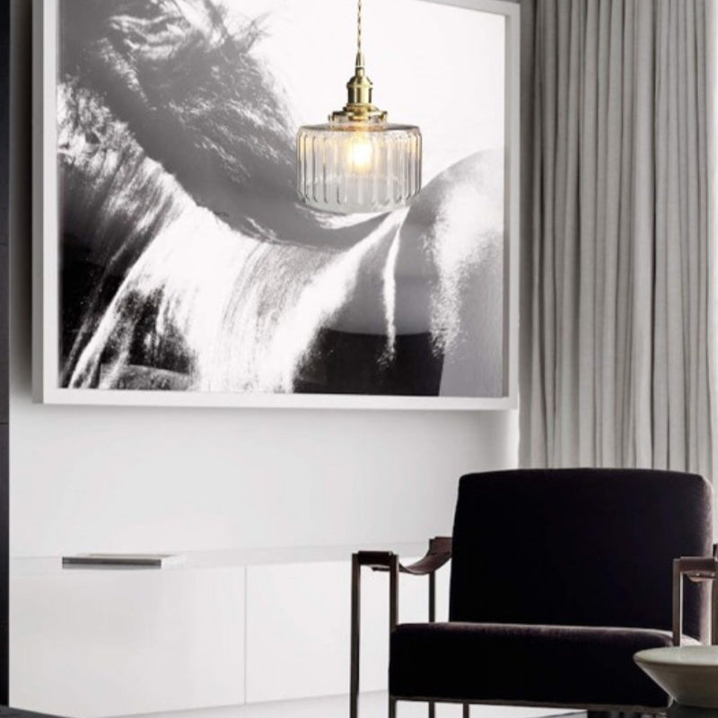 Japanese Vintage Simple Brass Glass Ribbed Cylinder Pendant Light