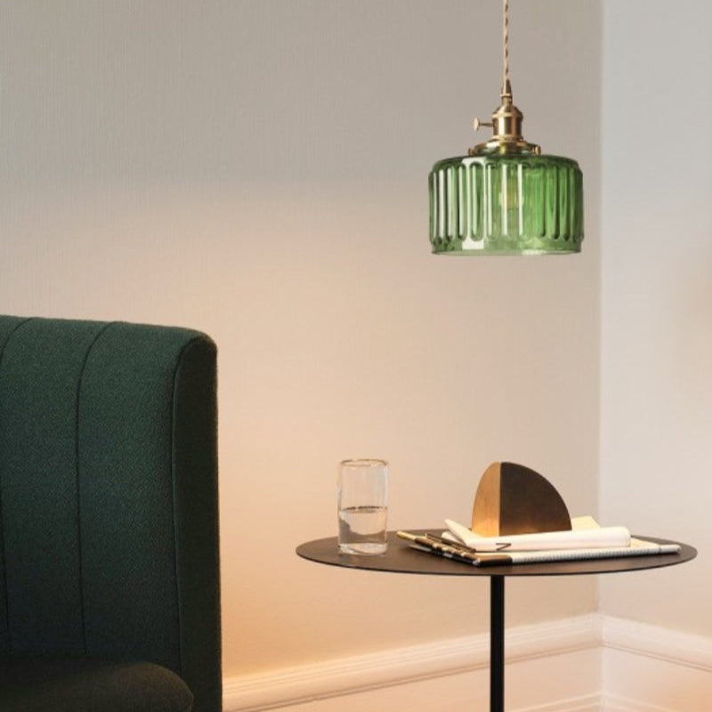 Japanese Vintage Simple Brass Glass Ribbed Cylinder Pendant Light