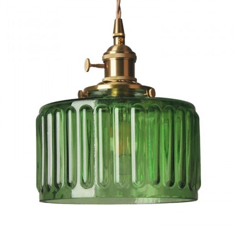 Japanese Vintage Simple Brass Glass Ribbed Cylinder Pendant Light