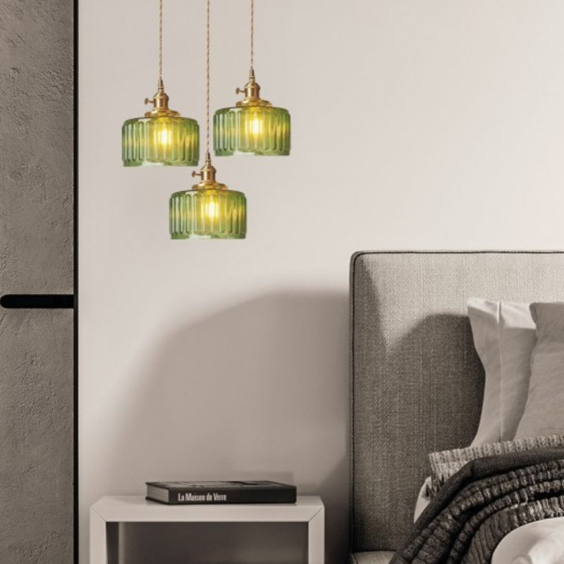 Japanese Vintage Simple Brass Glass Ribbed Cylinder Pendant Light