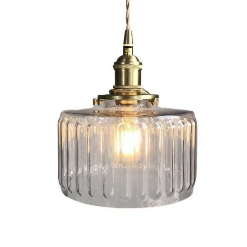 Japanese Vintage Simple Brass Glass Ribbed Cylinder Pendant Light