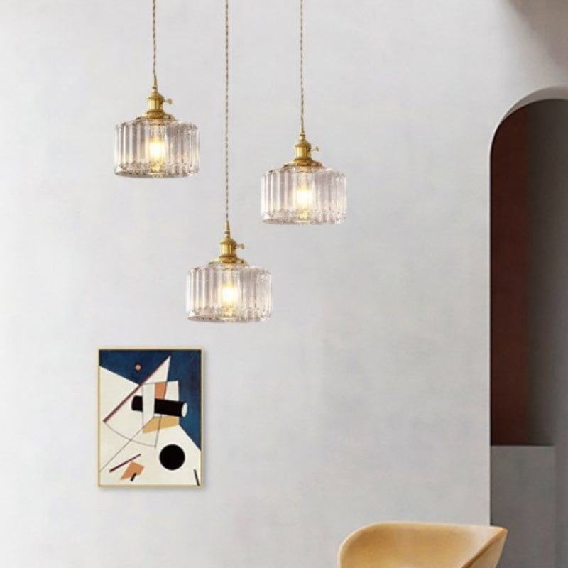 Japanese Vintage Simple Brass Glass Ribbed Cylinder Pendant Light
