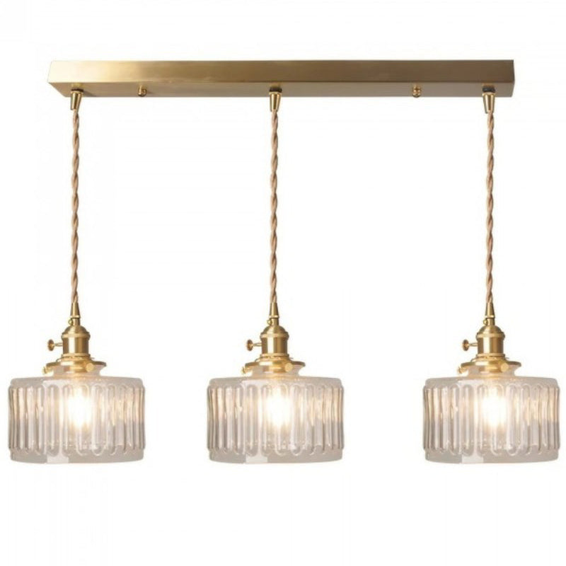 Japanese Vintage Simple Brass Glass Ribbed Cylinder Pendant Light