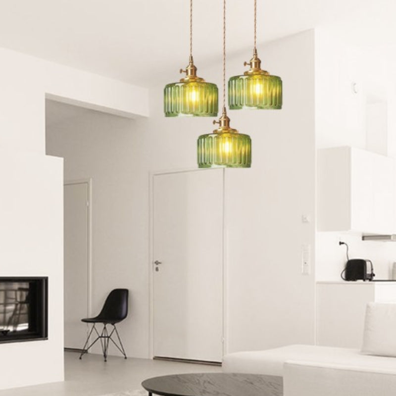 Japanese Vintage Simple Brass Glass Ribbed Cylinder Pendant Light