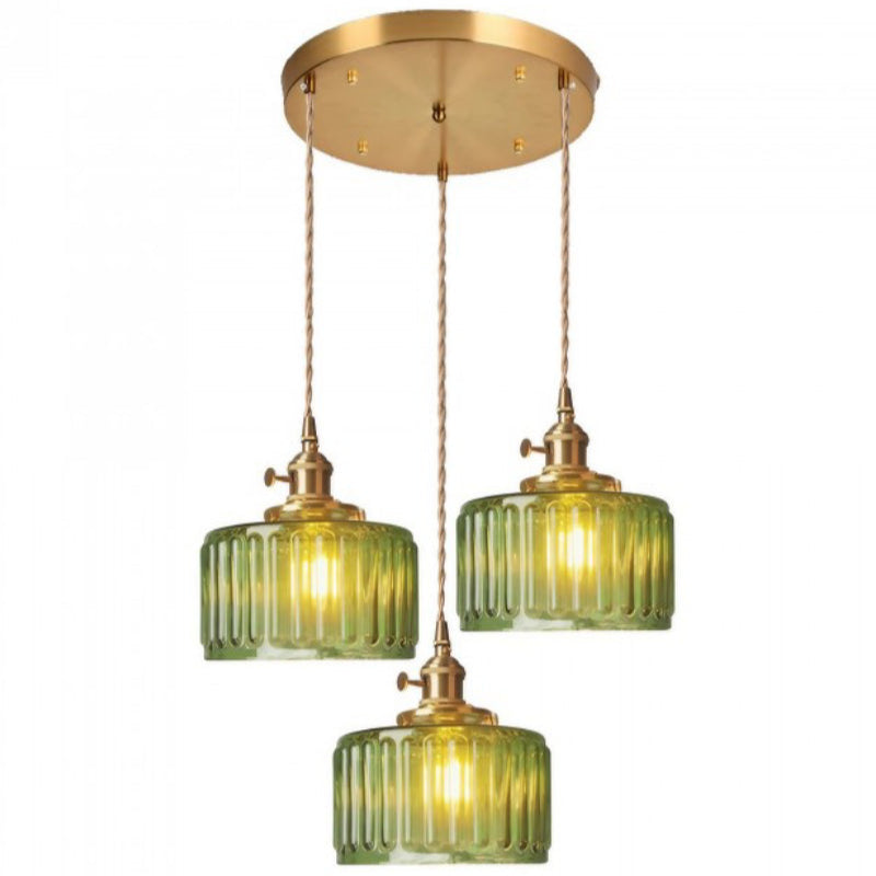 Japanese Vintage Simple Brass Glass Ribbed Cylinder Pendant Light