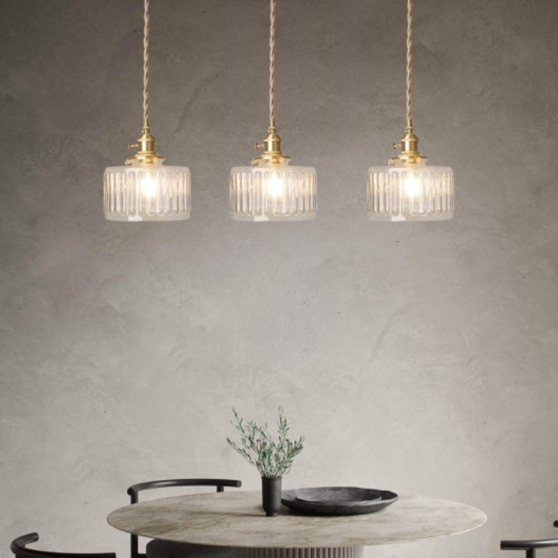 Japanese Vintage Simple Brass Glass Ribbed Cylinder Pendant Light