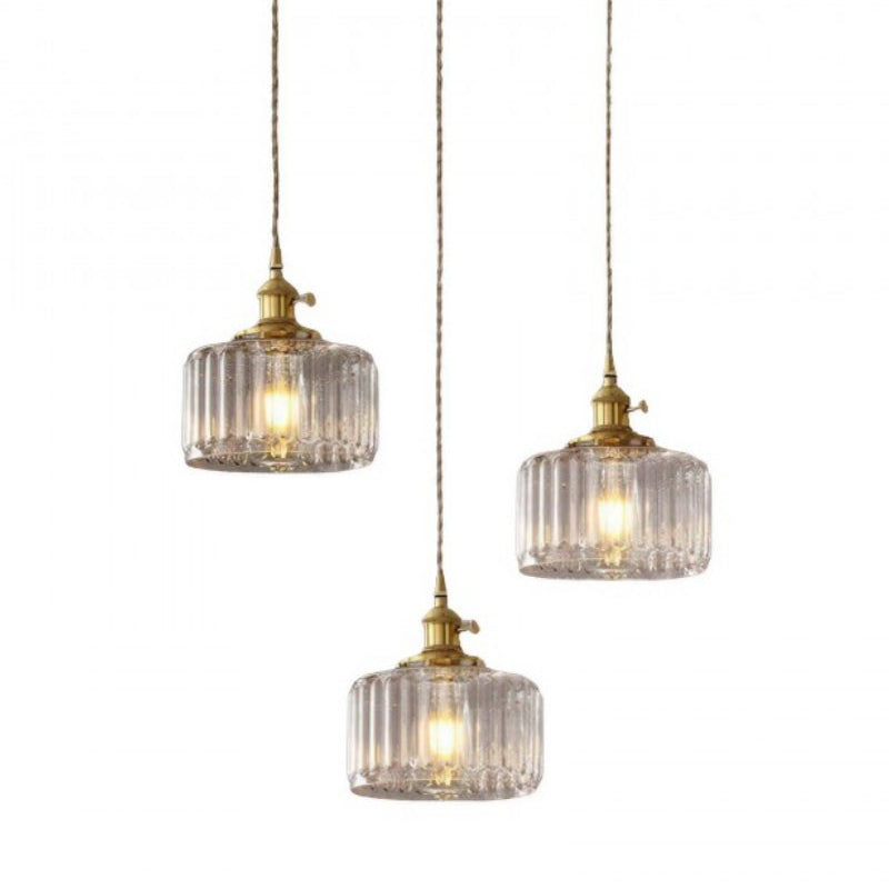 Japanese Vintage Simple Brass Glass Ribbed Cylinder Pendant Light
