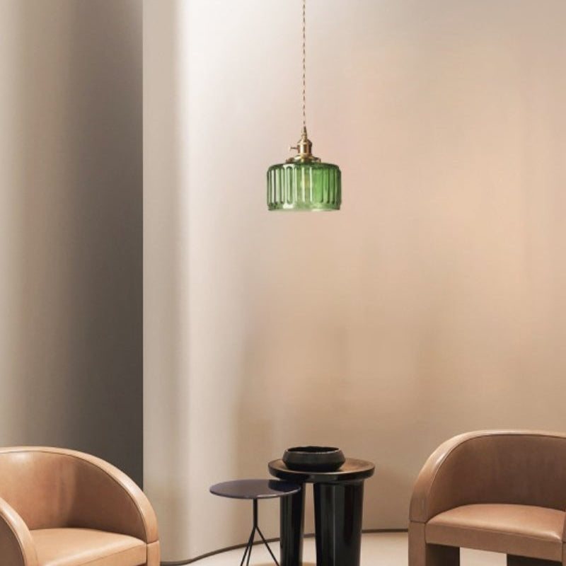 Japanese Vintage Simple Brass Glass Ribbed Cylinder Pendant Light