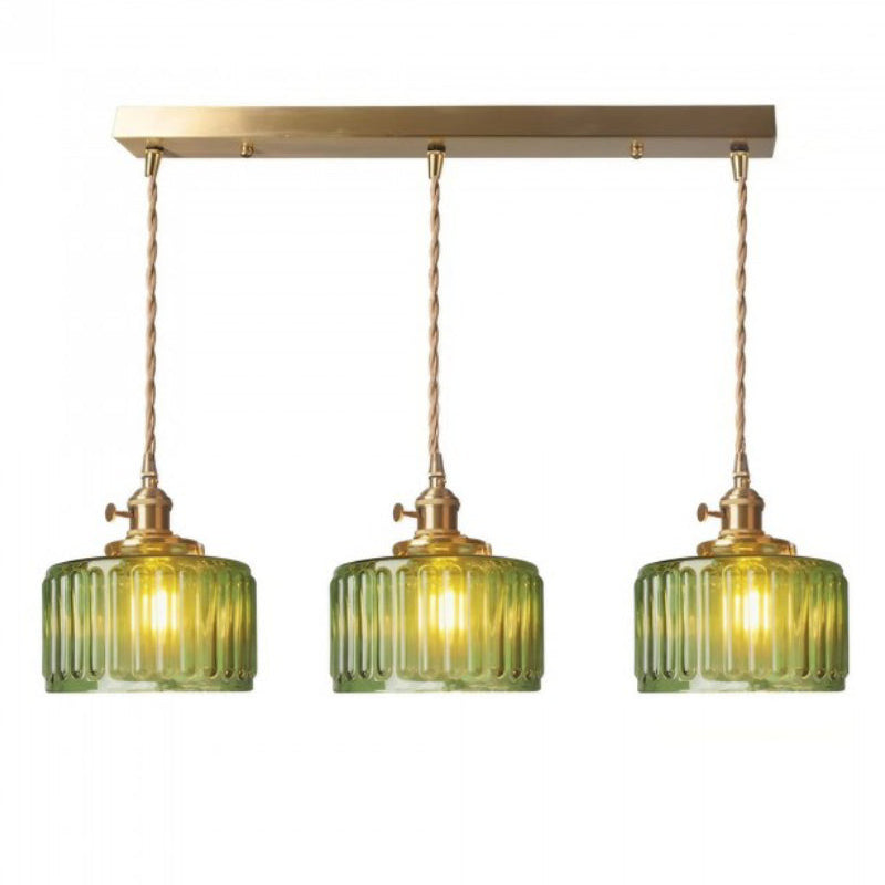 Japanese Vintage Simple Brass Glass Ribbed Cylinder Pendant Light