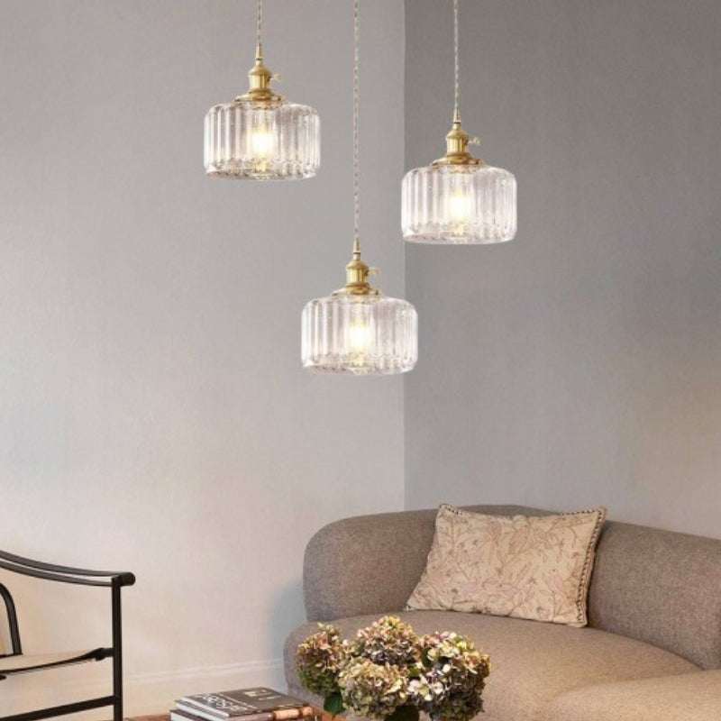 Japanese Vintage Simple Brass Glass Ribbed Cylinder Pendant Light
